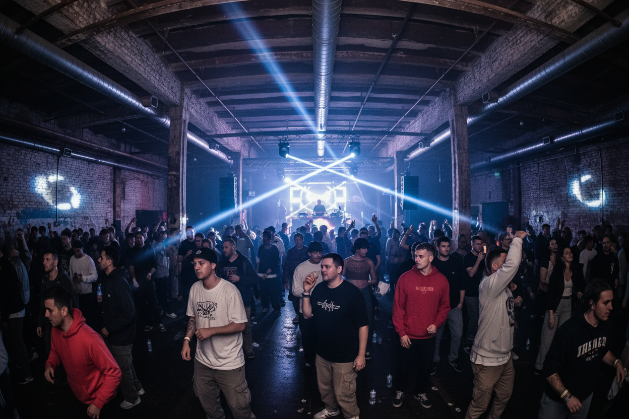 a bit less cheesy thing drum and bass rave, more younger people but slip in a few 30 - 40 year olds